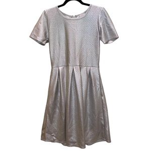 Lularoe Metallic Silver Foil Elegant Fit Flare Amelia Dress Size Medium Pockets
